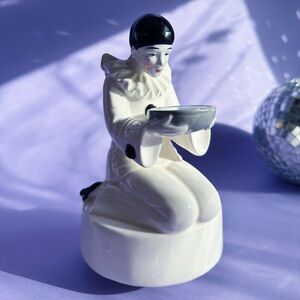 Vintage Spinning Porcelain Clown Pierrot Mime w Bowl 1980s Hand Painted Figurine